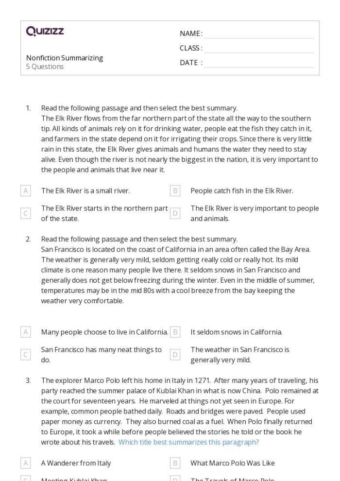 Worksheet featuring a Three Sentence Summary activity for improving reading comprehension Three Sentence Summary worksheet designed for fourth graders to enhance summarization skills