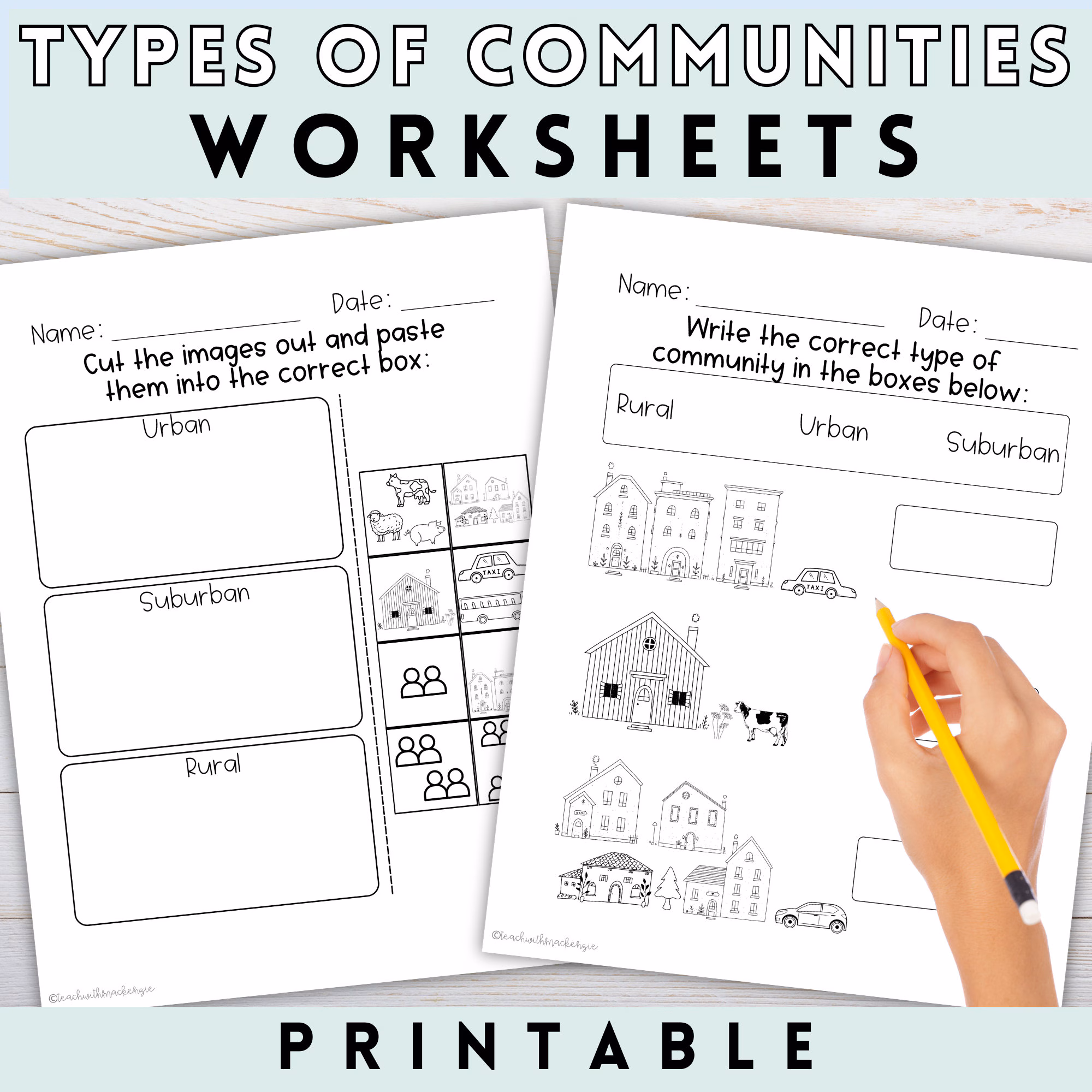 Three Types of Communities Vocabulary Practice for Elementary Learners Second grade worksheet showing illustrations and vocabulary activities for learning about rural urban and suburban communities