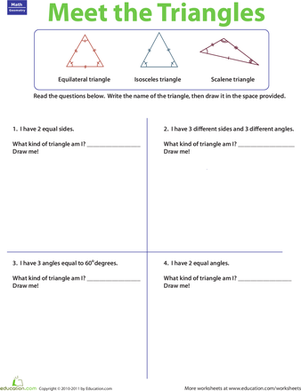 Reading worksheet for Third Grade Worksheet featuring the three types of triangles: equilateral, isosceles, and scalene for third graders. Educational resource on triangle types for young learners.