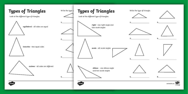 Reading worksheet for Third Grade Worksheet illustrating three types of triangles: equilateral, isosceles, and scalene for third graders. Educational resource for learning about triangle classifications.