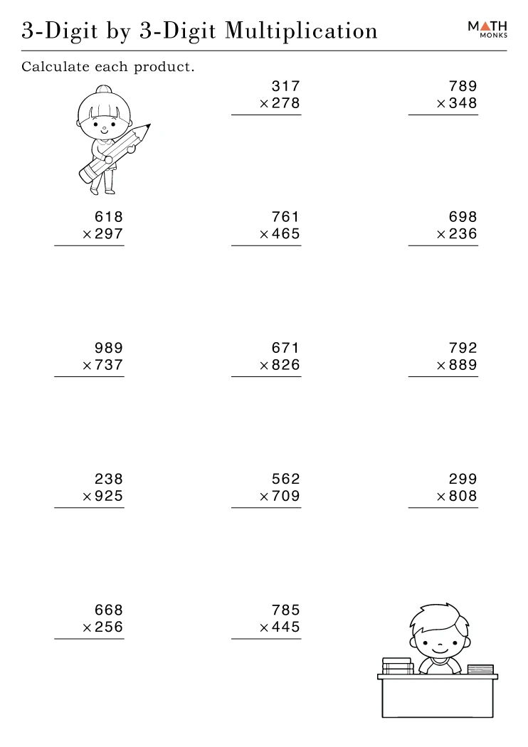 Worksheet demonstrating three strategies for multiplying two-digit numbers using base ten arrays, area models, and partial products