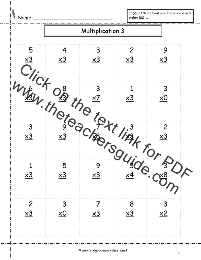 Worksheet illustrating three methods to multiply two-digit numbers for fourth graders