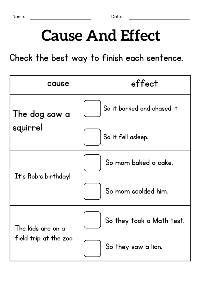 Worksheet illustrating cause and effect relationships related to thunderstorms for third graders