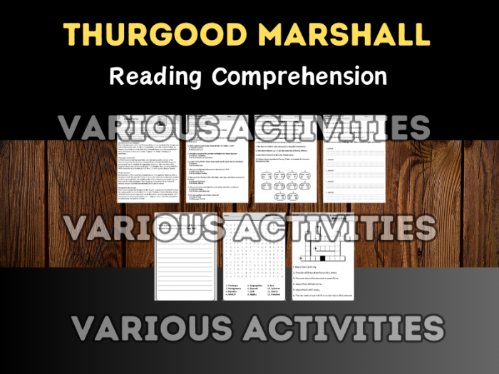 Informational reading comprehension worksheet featuring the biography of Thurgood Marshall for sixth graders