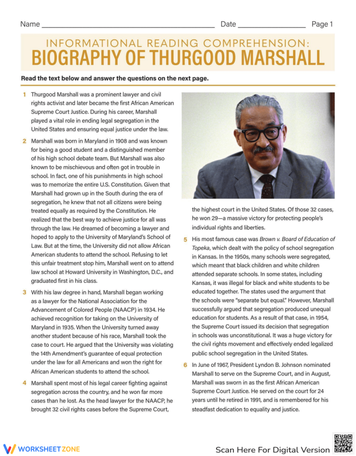 Sixth grade informational reading worksheet featuring a biography of civil rights leader Thurgood Marshall