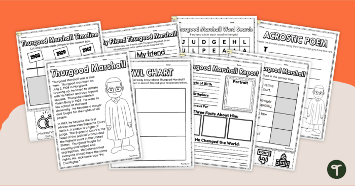 Sixth grade reading comprehension worksheet featuring a biography of civil rights leader Thurgood Marshall