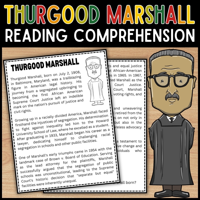 Worksheet focused on reading comprehension about Thurgood Marshall, a key civil rights leader. Informational Reading Comprehension: Biography of Thurgood Marshall for sixth-grade students.