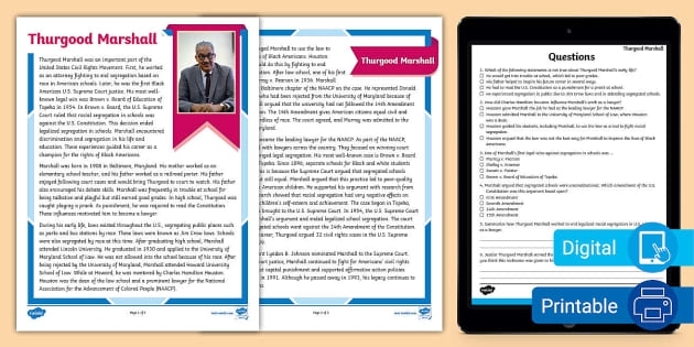 Informational reading comprehension worksheet featuring Thurgood Marshall for sixth graders