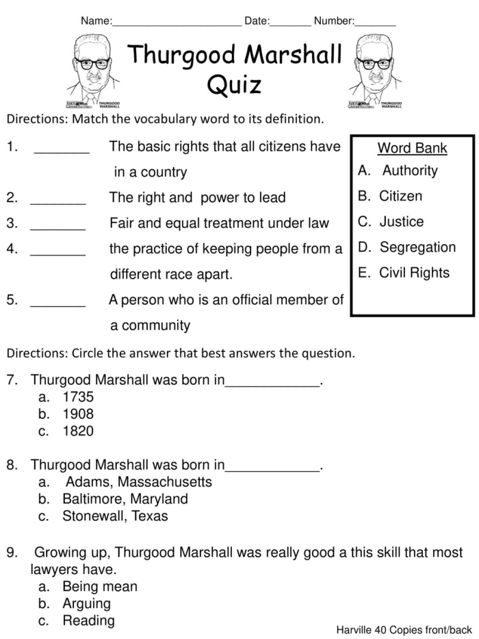Sixth grade reading comprehension worksheet featuring a biography of civil rights leader Thurgood Marshall