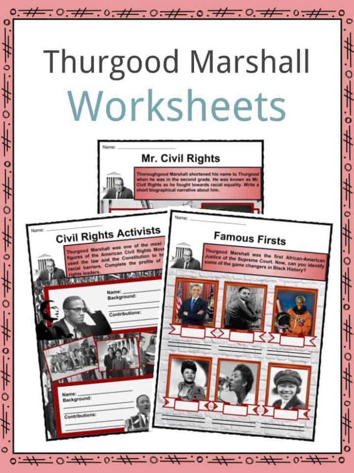 Sixth grade worksheet featuring an informational reading passage about the life and civil rights career of Thurgood Marshall