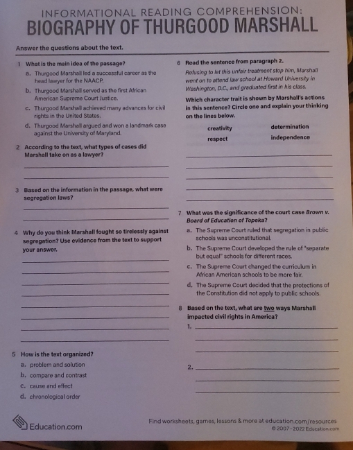 Worksheet focused on Thurgood Marshall's biography for sixth-grade reading comprehension
