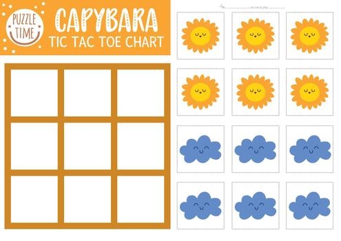 Colorful tic-tac-toe worksheet featuring cartoon suns and moons for first graders