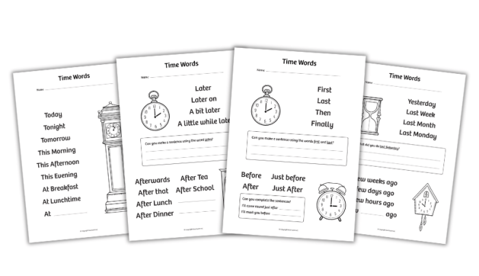 Fourth grade students practicing time and sequence words with fill-in-the-blank grammar exercises