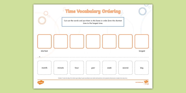Fourth grade students practicing time and sequence words with grammar exercises and vocabulary activities