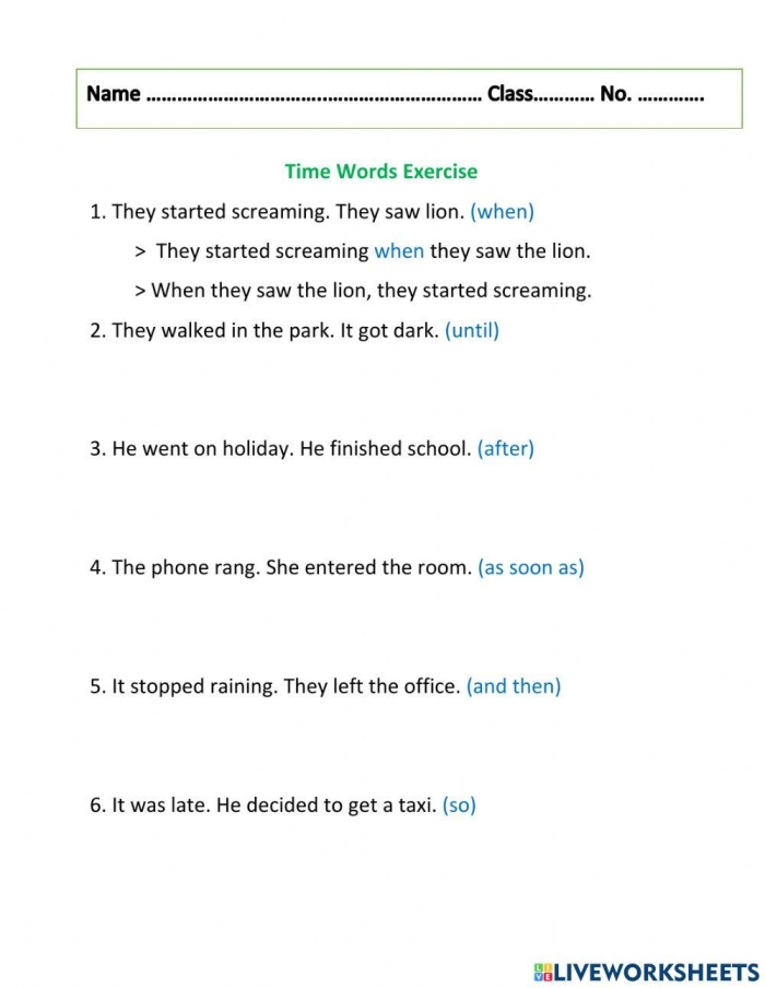 Fourth grade students practice identifying and using time and sequence words with this grammar vocabulary worksheet activity