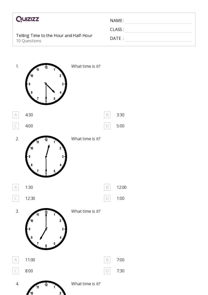 Worksheet for practicing telling time to the hour with blank clock faces to fill in