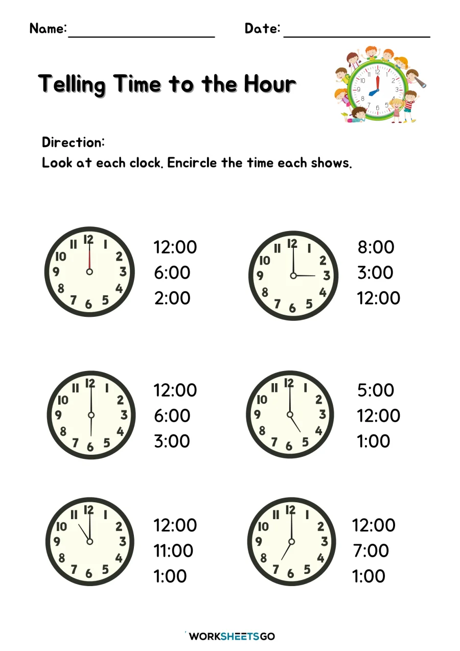 Worksheet for practicing telling time to the hour with blank clock faces to fill in. Time to the Hour worksheet for first graders focusing on data and graphing skills.