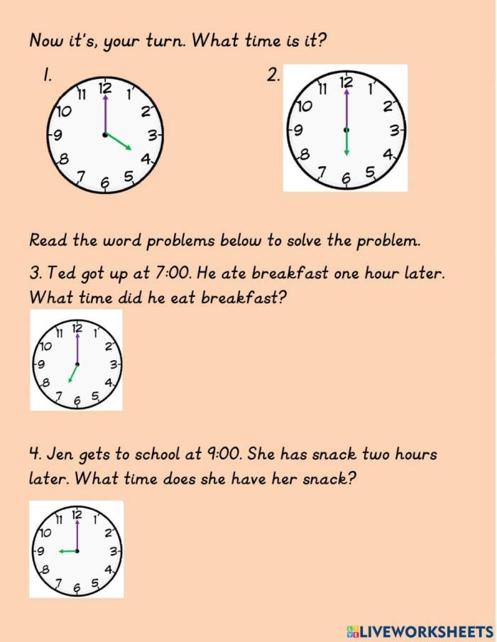 Worksheet for practicing telling time to the hour with blank clock faces