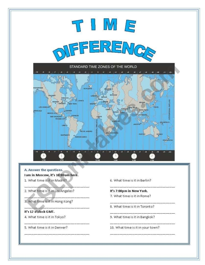 Worksheet for understanding time zones and calculations for third graders