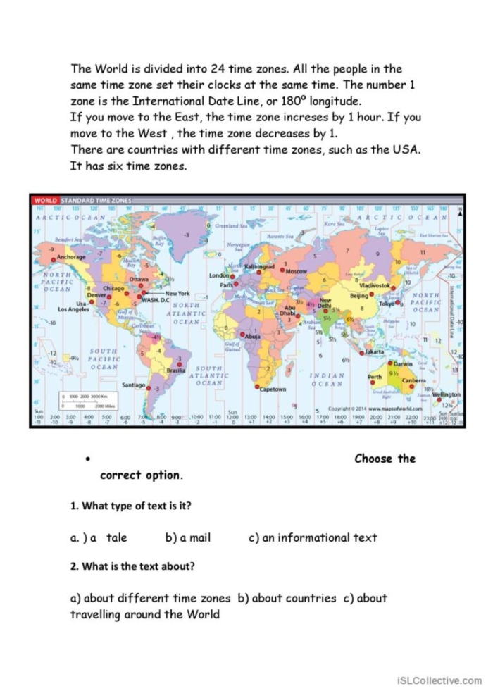 Third grade student worksheet explaining how to calculate math problems involving different time zones
