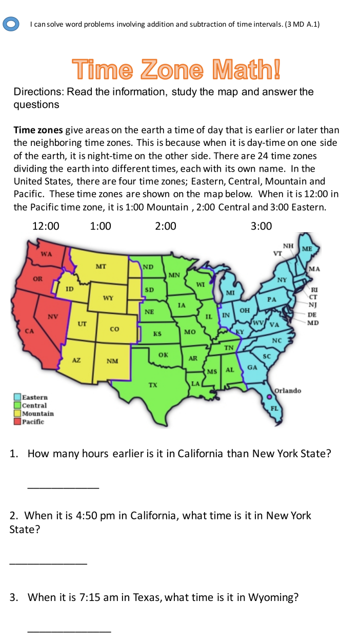 Third grade worksheet illustrating time zone calculations for math and geography. Educational resource for understanding time zones in a fun way.