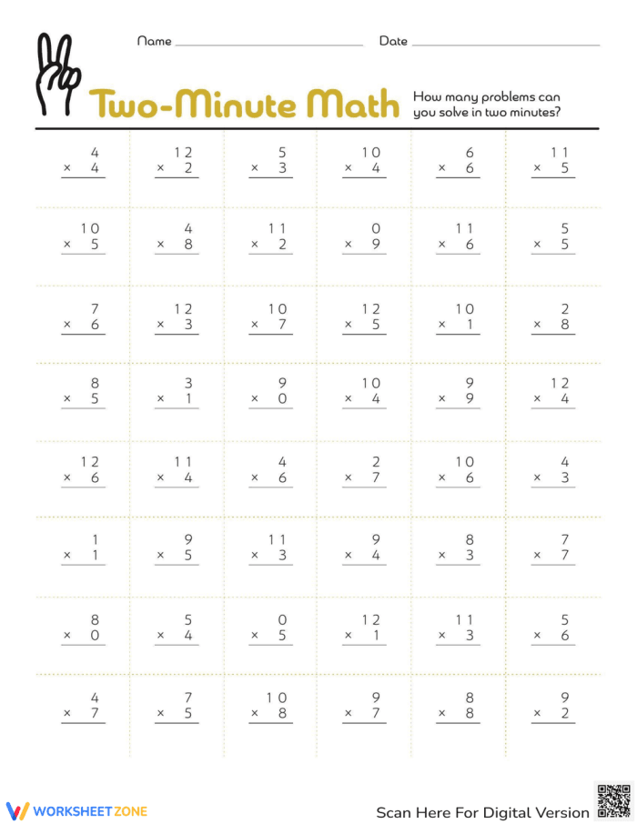 Third grade student completing a set of 48 multiplication problems during a timed two-minute drill