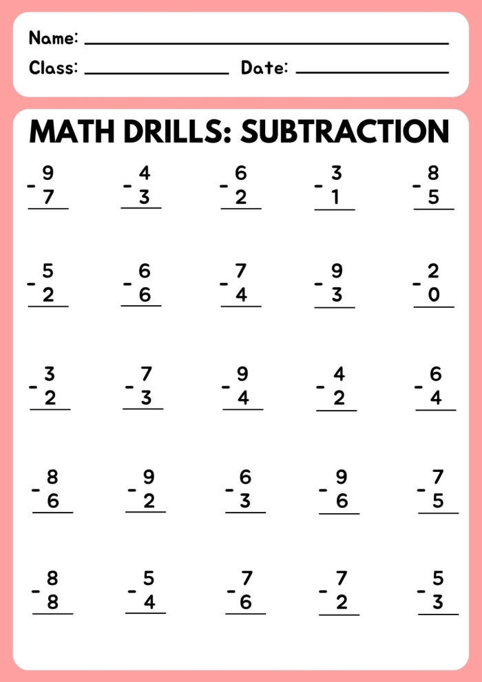 Timed subtraction practice exercise for building quick math fact fluency in elementary students Third grade students solving rapid subtraction problems on a timed 2-minute math drill worksheet