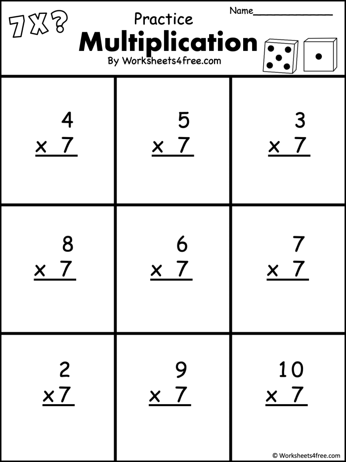 Practice sheet for multiplying by sevens, ideal for reinforcing times tables knowledge Times Tables: 7s worksheet for third graders to enhance multiplication skills