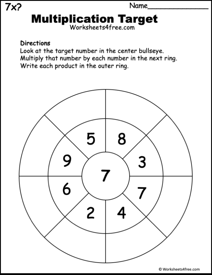 Worksheet for mastering 7s times tables in third grade mathematics Times Tables practice sheet for multiplying by sevens for third graders