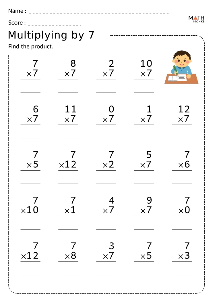 Times Tables 7s practice sheet for students to enhance multiplication skills Worksheet for practicing the 7 times tables for third graders
