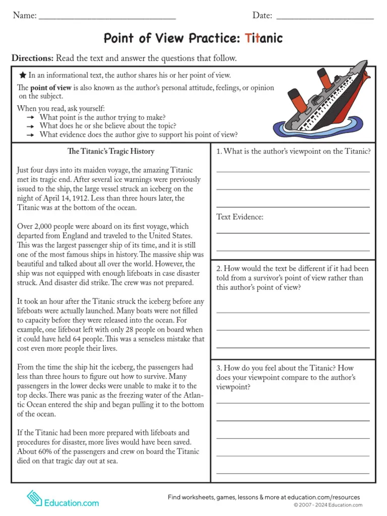 Third grade students completing a point of view practice worksheet about the Titanic with text passages and comprehension questions