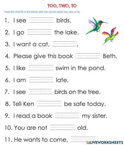 First grade students engaging with a "To, Too, or Two?" homophone worksheet