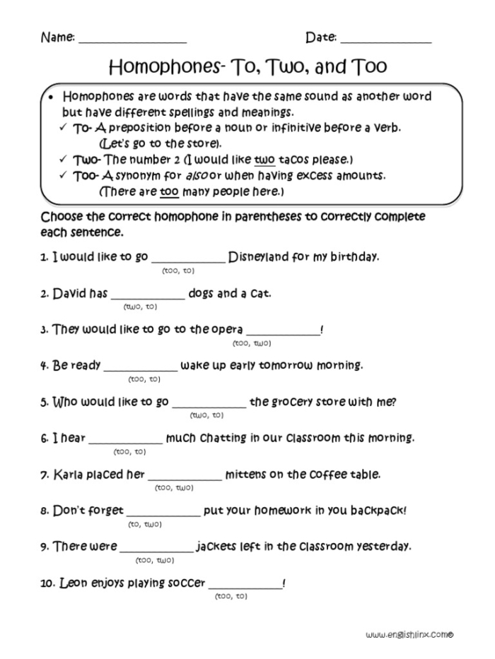 Worksheet showing first graders practicing homophones with context clues
