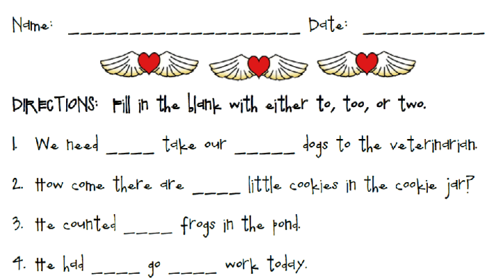First grade worksheet focusing on selecting the correct homophone for the words to too and two