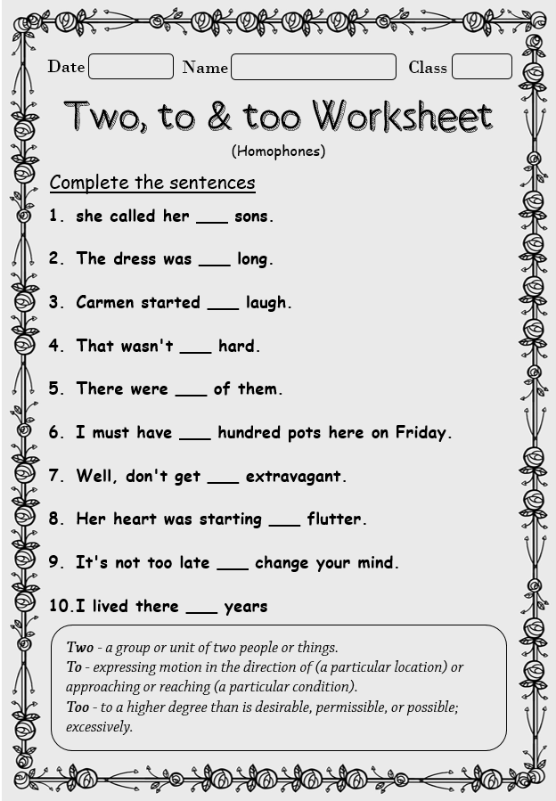 First grade worksheet for practicing homophones To, Too, or Two?
