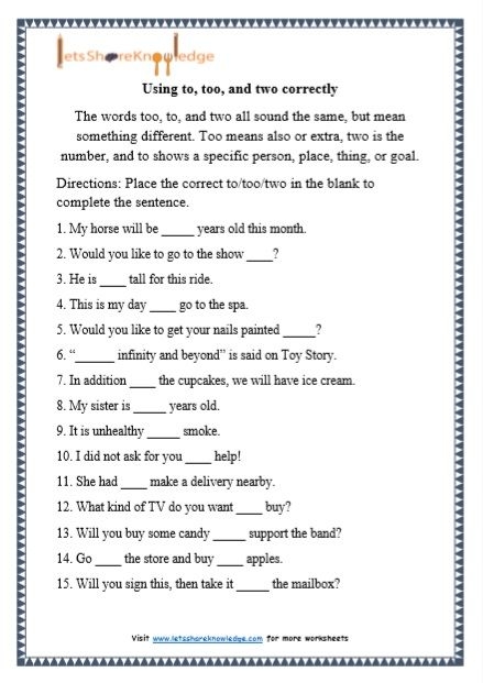 First grade worksheet focusing on choosing the correct homophones to, too, and two