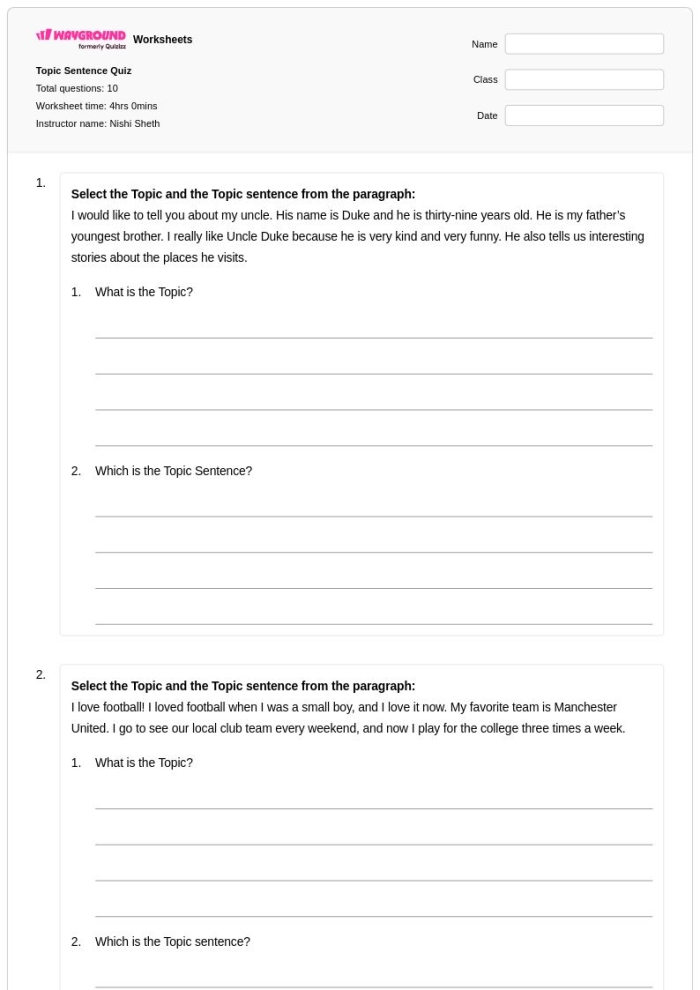 Second grade students working on a Topic Sentence worksheet for narrative writing