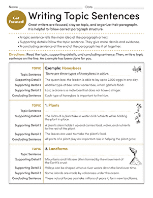 Third grade students practicing how to write topic sentences on a worksheet with paragraph structure exercises