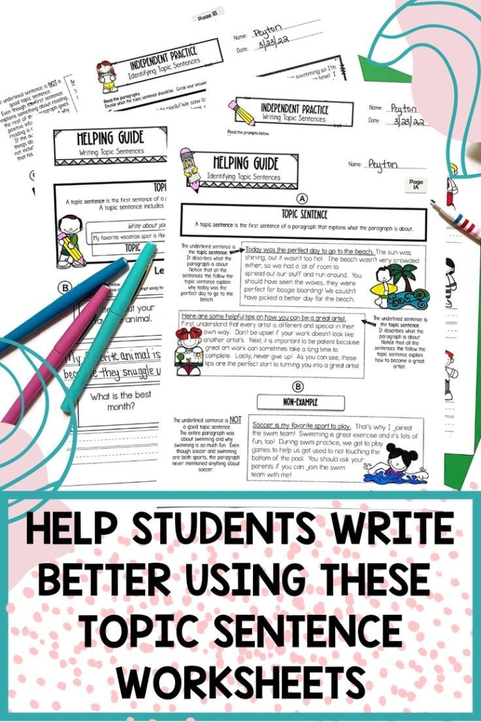 Third grade student writing topic sentences on a paragraph structure practice worksheet