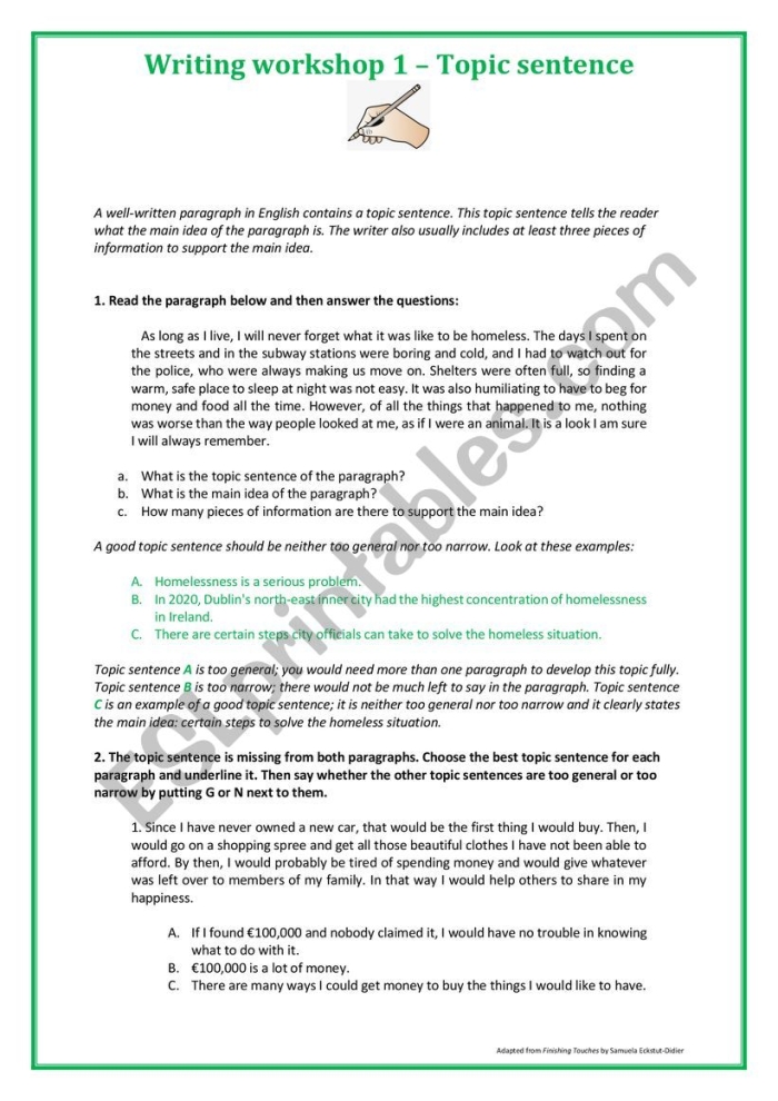 Second grade students engaging with a Topic Sentence worksheet, focusing on narrative writing skills. Educational resource for practicing topic sentences, supporting details, and conclusions.