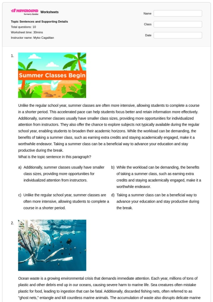 Second grade students engaging with a topic sentence worksheet for narrative writing practice