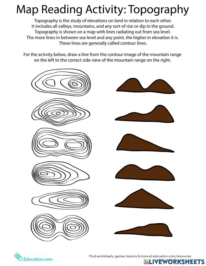 Topography for Kids worksheet featuring colorful topographic maps for fourth graders