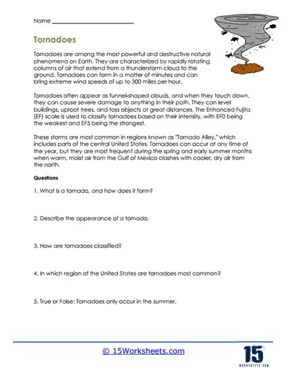 Worksheet on understanding how tornadoes develop and their causes Diagram illustrating the formation of tornadoes for a fifth-grade science worksheet