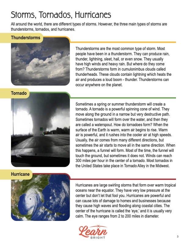 Fifth grade science worksheet covering the atmospheric formation and characteristics of tornadoes