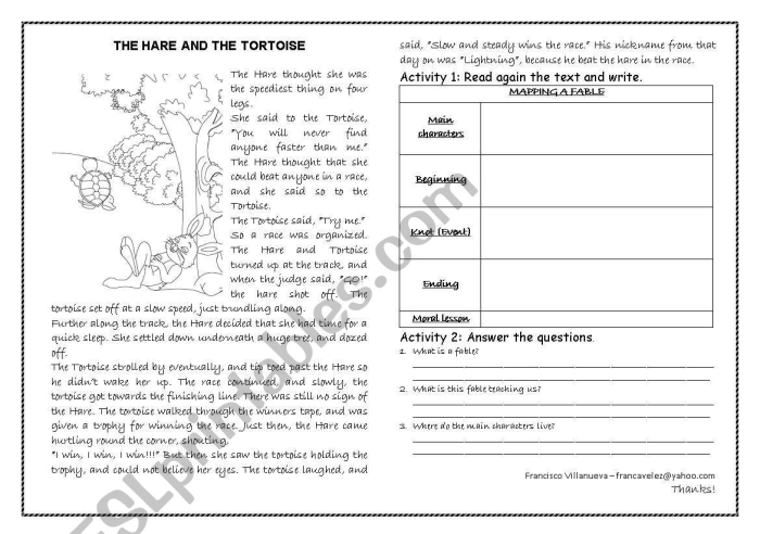 The Hare and the Tortoise Worksheet for Kindergarten Students A colorful illustration of the tortoise and hare preparing for their famous race in Aesop's fable