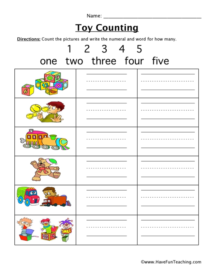 Kindergarten student counting colorful toy illustrations on a math practice worksheet