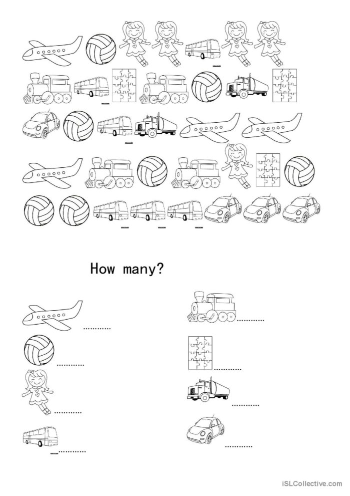 Kindergarten student counting colorful toy illustrations on a math worksheet
