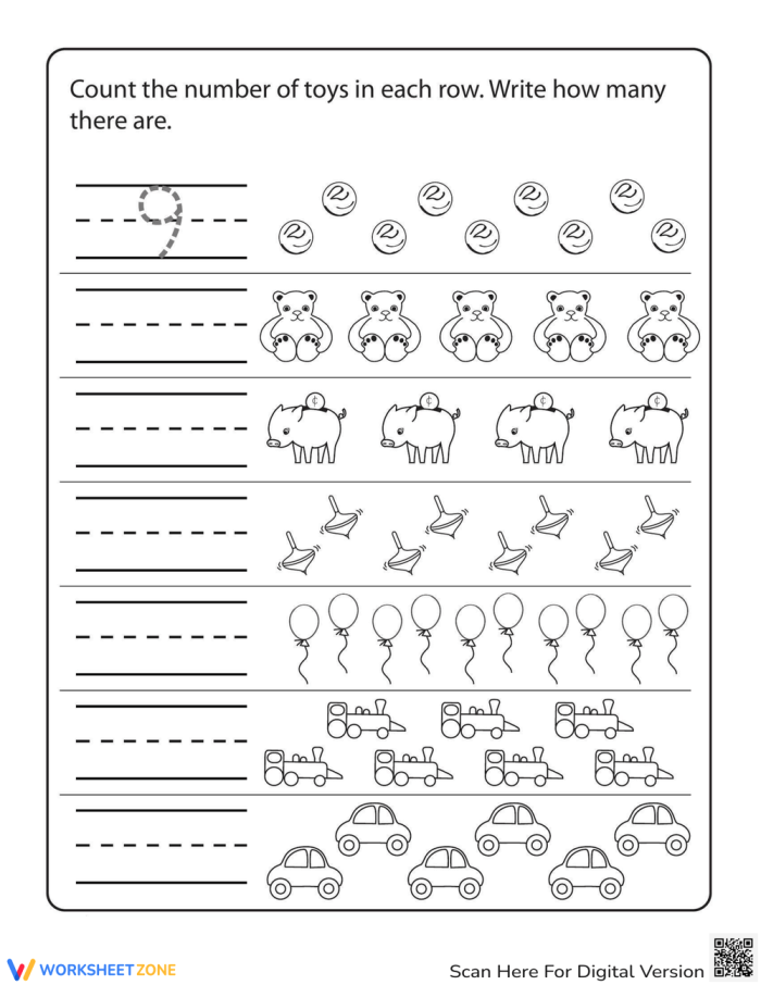 Colorful Toy Time Counting worksheet for kindergarteners to practice counting toys