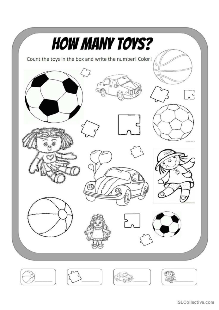 Kindergarten student counting colorful toy illustrations on a worksheet