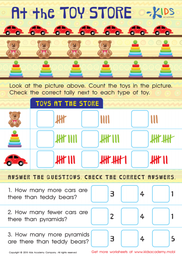 Colorful Toy Time Counting worksheet for kindergarten kids to practice counting toys